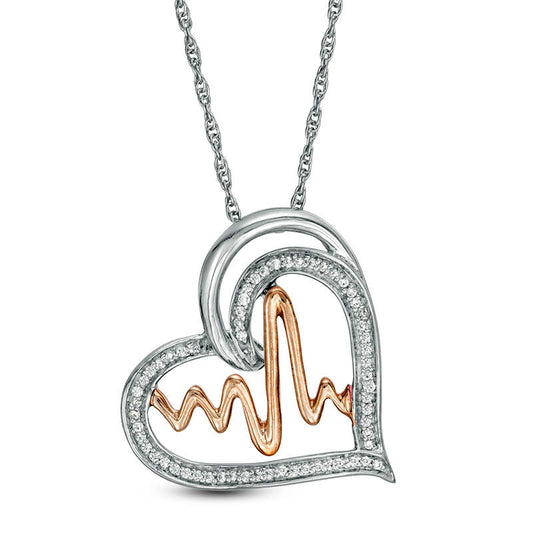 0.13 CT. T.W. Natural Diamond Heartbeat in Tilted Heart Pendant in Sterling Silver with 14K Rose Gold Plate