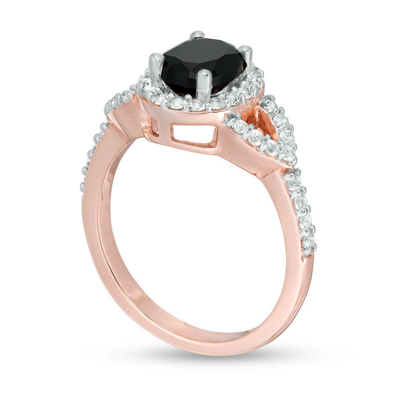 Oval Lab-Created Black and White Sapphire Frame Open Leaf Ring in Solid 10K Rose Gold