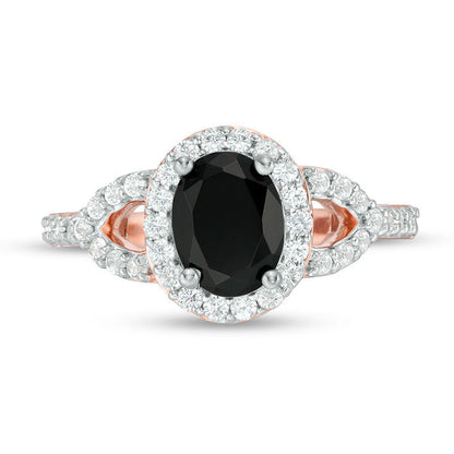 Oval Lab-Created Black and White Sapphire Frame Open Leaf Ring in Solid 10K Rose Gold