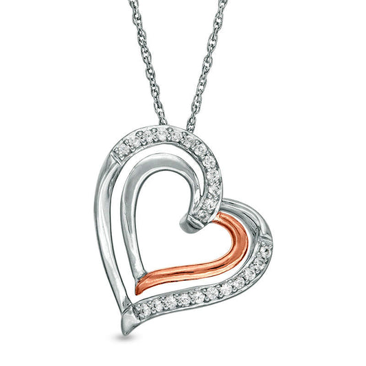 Lab-Created White Sapphire Tilted Double Heart Pendant in Sterling Silver and 10K Rose Gold