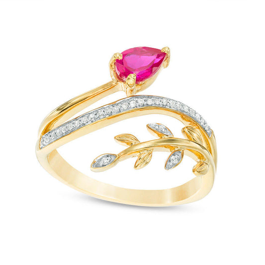 Pear-Shaped Lab-Created Ruby and 0.07 CT .T.W. Diamond Leafy Branch Bypass Ring in Sterling Silver with Solid 14K Gold Plate