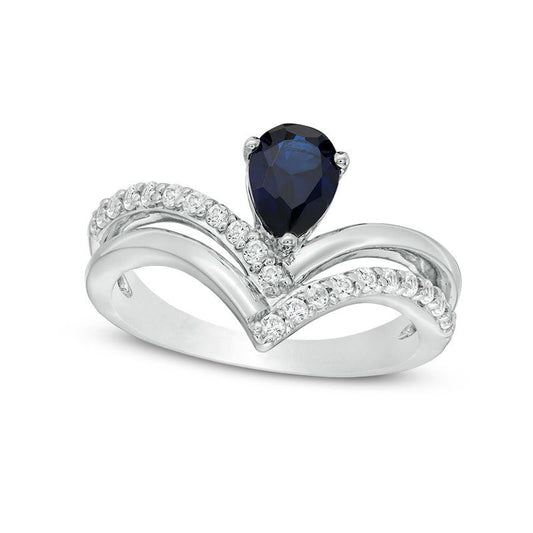 Pear-Shaped Lab-Created Blue and White Sapphire Double Row Chevron Ring in Sterling Silver