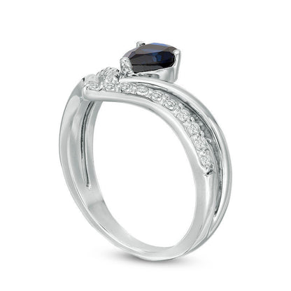 Pear-Shaped Lab-Created Blue and White Sapphire Double Row Chevron Ring in Sterling Silver