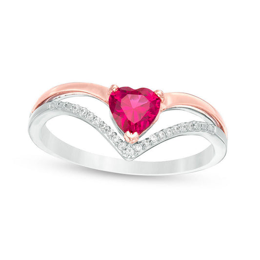 Heart-Shaped Lab-Created Ruby and 0.05 CT. T.W. Diamond Chevron Split Shank Ring in Sterling Silver and Solid 10K Rose Gold