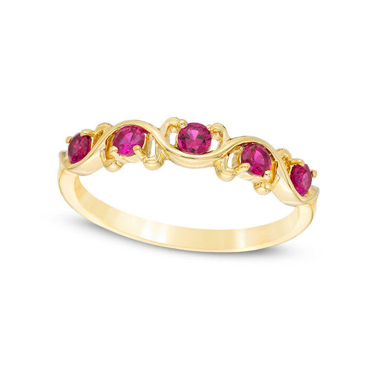 Lab-Created Ruby Five Stone Wavy Ribbon Ring in Solid 10K Yellow Gold