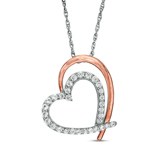 Lab-Created White Sapphire Tilted Double Heart Outline Pendant in Sterling Silver and 10K Rose Gold