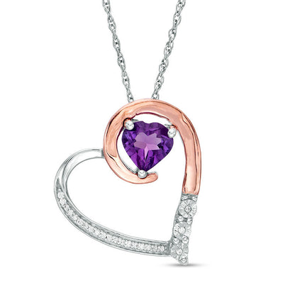 6.0mm Amethyst and 0.05 CT. T.W. Natural Diamond Tilted Loop Heart Pendant in Sterling Silver and 10K Rose Gold