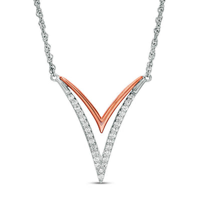 Lab-Created White Sapphire Double "V" Necklace in Sterling Silver and 10K Rose Gold