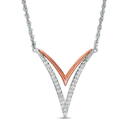 Lab-Created White Sapphire Double "V" Necklace in Sterling Silver and 10K Rose Gold