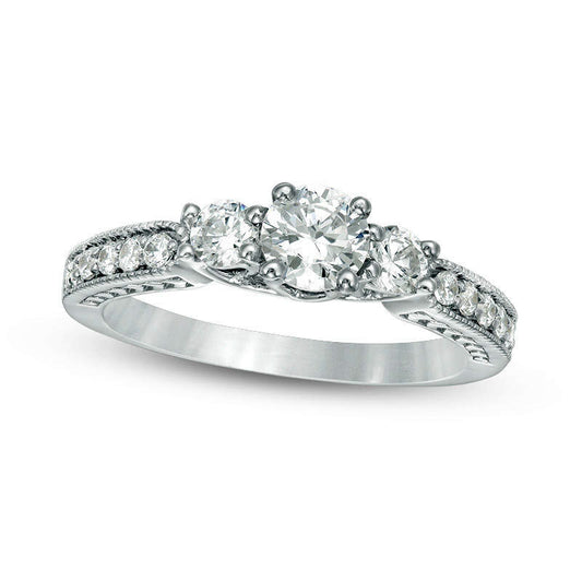 0.75 CT. T.W. Natural Diamond Three Stone Antique Vintage-Style Engagement Ring in Solid 10K White Gold