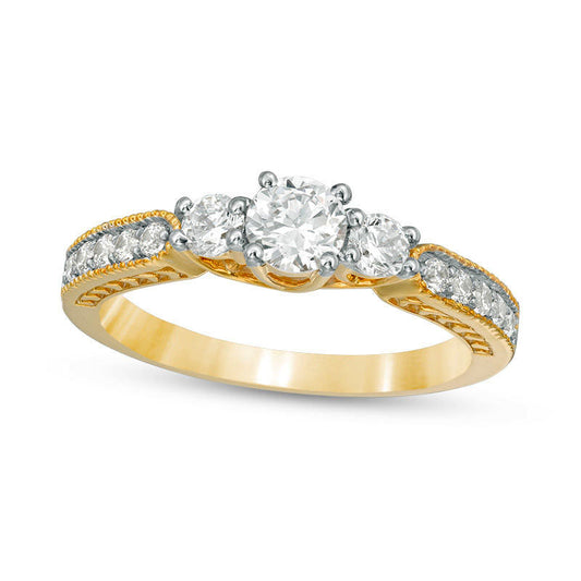 0.75 CT. T.W. Natural Diamond Three Stone Antique Vintage-Style Engagement Ring in Solid 10K Yellow Gold