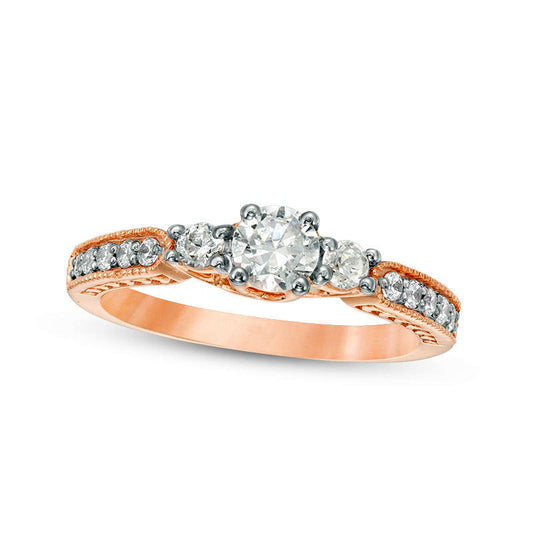 0.75 CT. T.W. Natural Diamond Three Stone Antique Vintage-Style Engagement Ring in Solid 10K Rose Gold