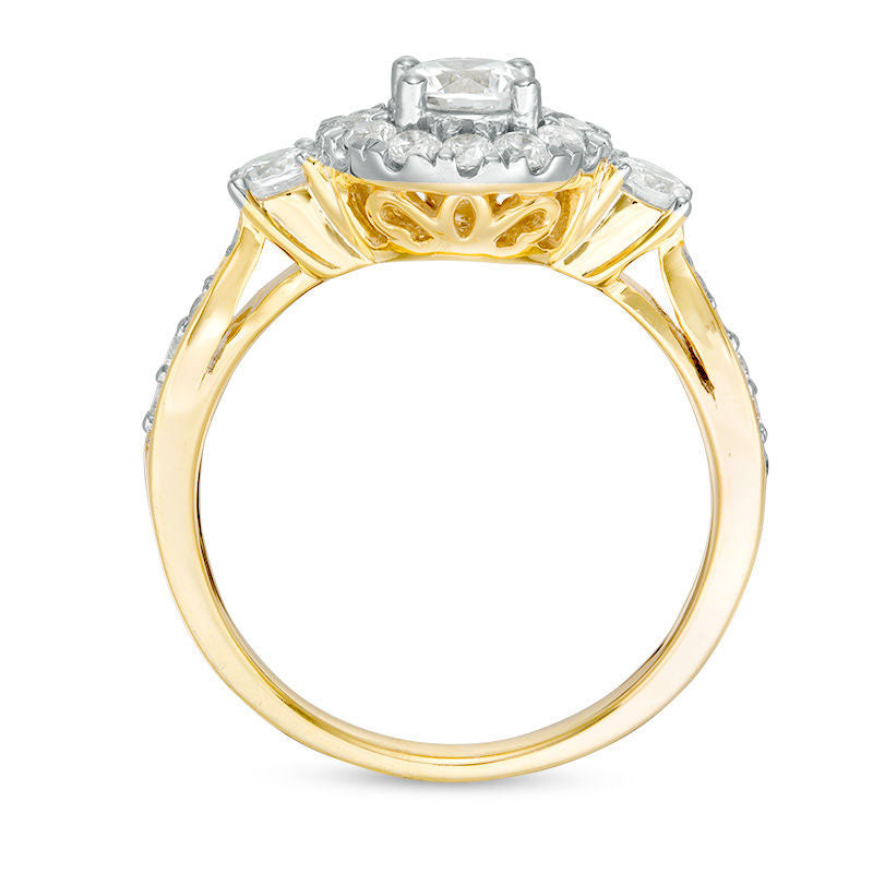 1.0 CT. T.W. Natural Diamond Frame Three Stone Engagement Ring in Solid 10K Yellow Gold