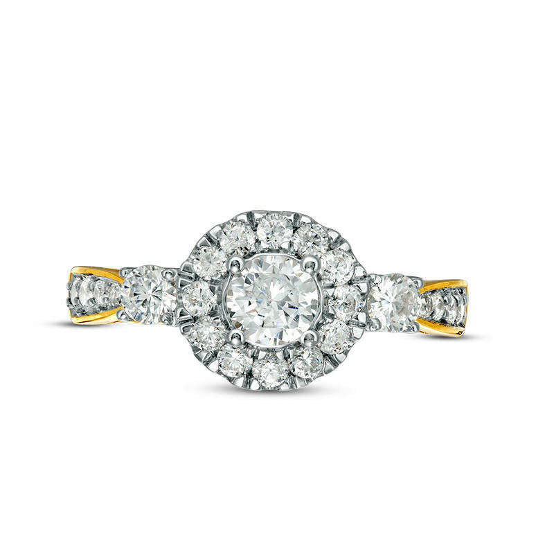 1.0 CT. T.W. Natural Diamond Frame Three Stone Engagement Ring in Solid 10K Yellow Gold