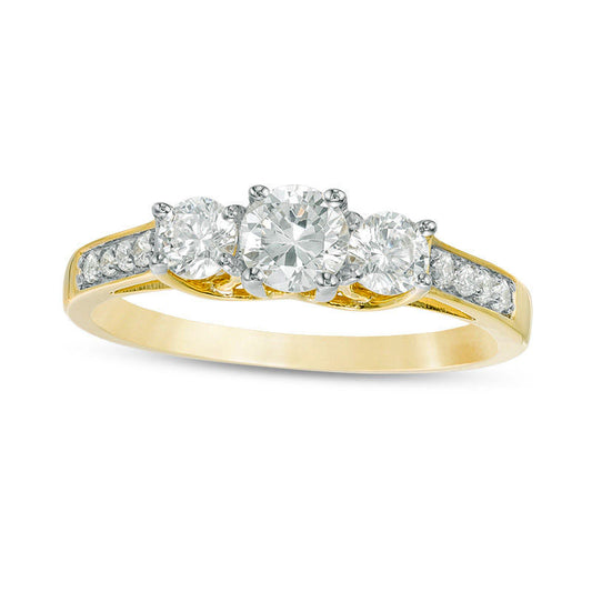0.75 CT. T.W. Natural Diamond Three Stone Engagement Ring in Solid 10K Yellow Gold