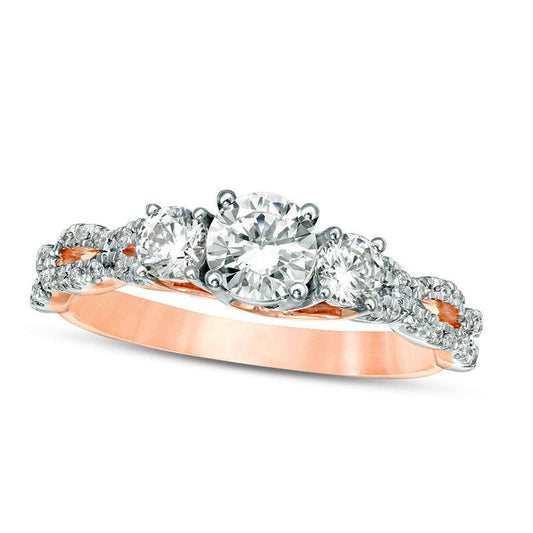 1.0 CT. T.W. Natural Diamond Three Stone Braid Engagement Ring in Solid 10K Rose Gold