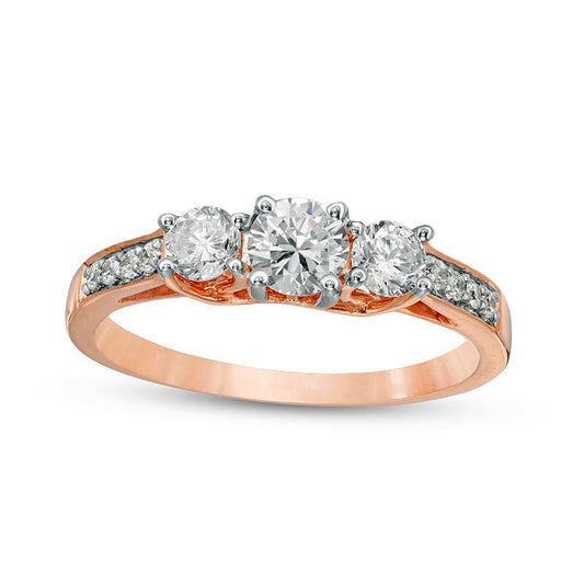 0.75 CT. T.W. Natural Diamond Three Stone Engagement Ring in Solid 10K Rose Gold