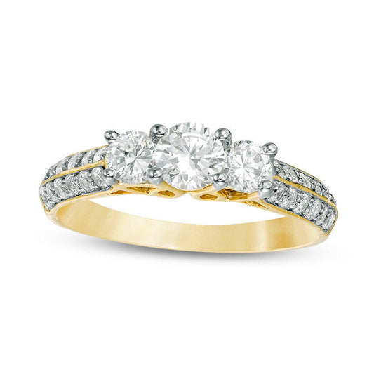 1.0 CT. T.W. Natural Diamond Three Stone Two Row Engagement Ring in Solid 10K Yellow Gold