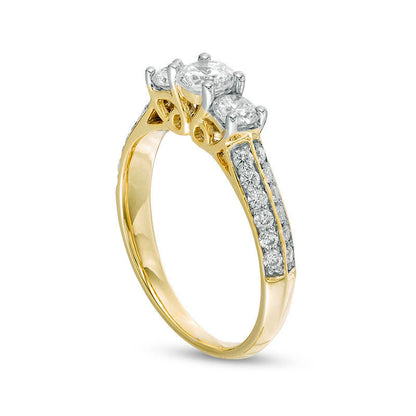 1.0 CT. T.W. Natural Diamond Three Stone Two Row Engagement Ring in Solid 10K Yellow Gold