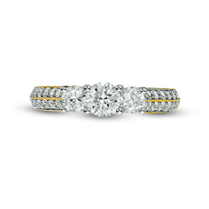 1.0 CT. T.W. Natural Diamond Three Stone Two Row Engagement Ring in Solid 10K Yellow Gold