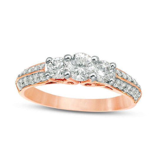 1.0 CT. T.W. Natural Diamond Three Stone Two Row Engagement Ring in Solid 10K Rose Gold