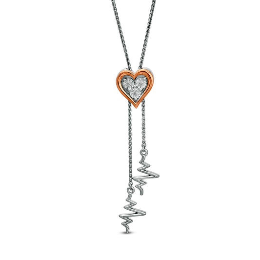 Natural Diamond Accent Heart and Heartbeat Lariat Bolo Necklace in Sterling Silver and 10K Rose Gold - 26.5"