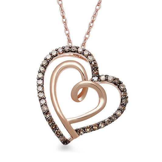 0.2 CT. T.W. Champagne Natural Diamond Tilted Hearts Pendant in 10K Rose Gold