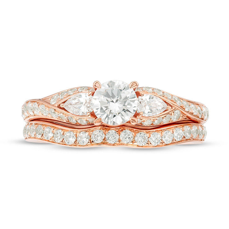 1.38 CT. T.W. Natural Diamond Bypass Three Stone Bridal Engagement Ring Set in Solid 14K Rose Gold