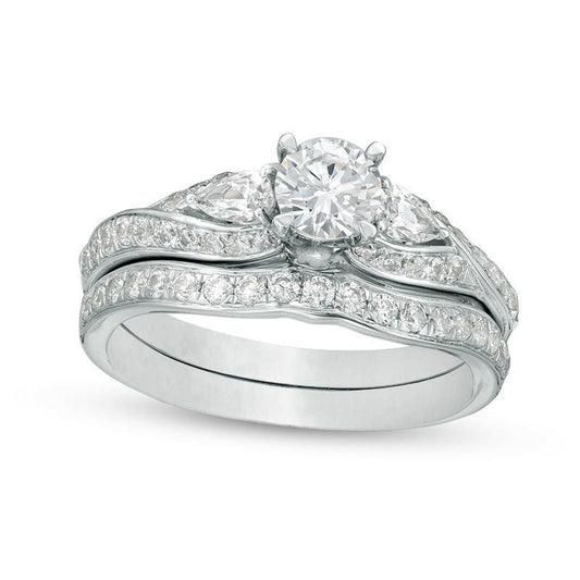 1.38 CT. T.W. Natural Diamond Bypass Three Stone Bridal Engagement Ring Set in Solid 14K White Gold