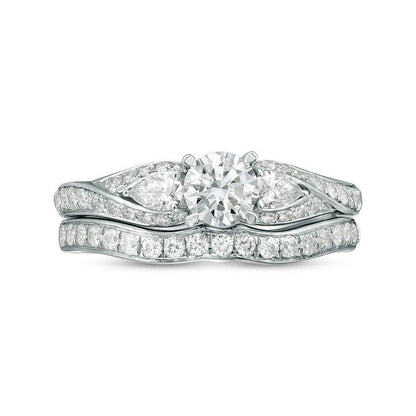 1.38 CT. T.W. Natural Diamond Bypass Three Stone Bridal Engagement Ring Set in Solid 14K White Gold