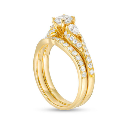 1.38 CT. T.W. Natural Diamond Bypass Three Stone Bridal Engagement Ring Set in Solid 14K Gold
