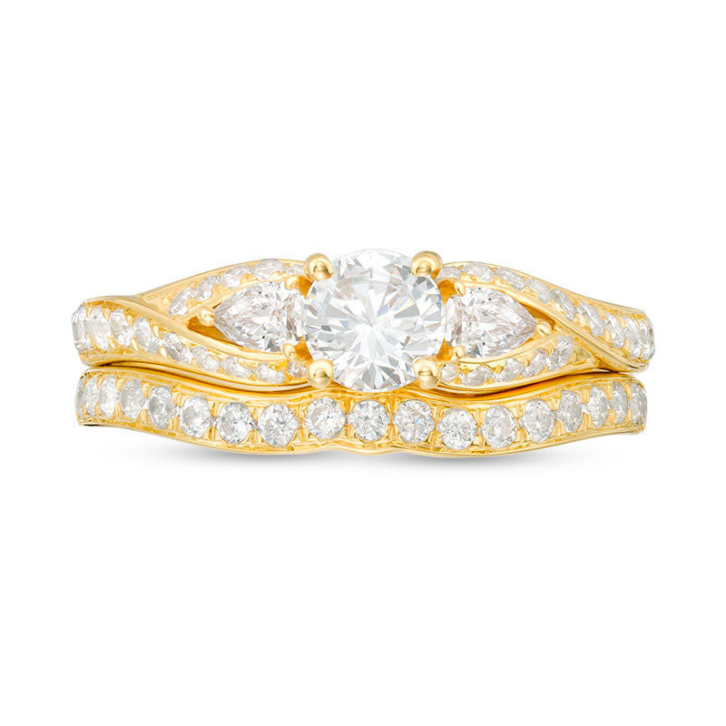 1.38 CT. T.W. Natural Diamond Bypass Three Stone Bridal Engagement Ring Set in Solid 14K Gold