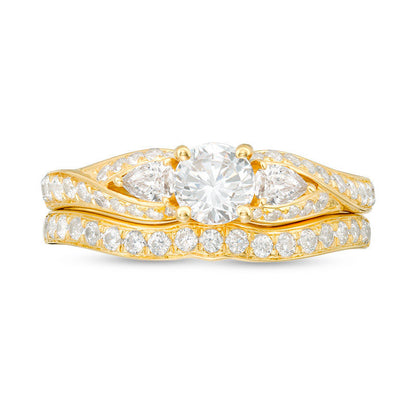 1.38 CT. T.W. Natural Diamond Bypass Three Stone Bridal Engagement Ring Set in Solid 14K Gold
