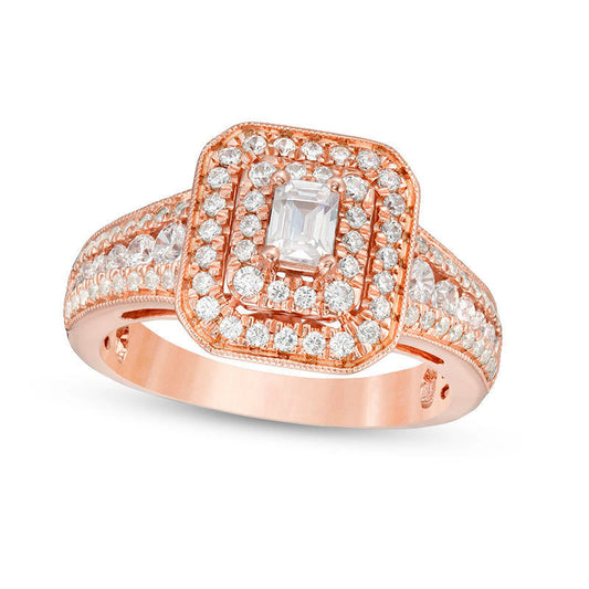 1.0 CT. T.W. Emerald-Cut Natural Diamond Double Frame Antique Vintage-Style Engagement Ring in Solid 14K Rose Gold