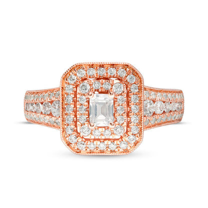 1.0 CT. T.W. Emerald-Cut Natural Diamond Double Frame Antique Vintage-Style Engagement Ring in Solid 14K Rose Gold
