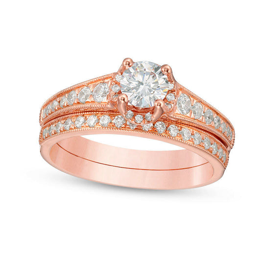 1.0 CT. T.W. Natural Diamond Antique Vintage-Style Bridal Engagement Ring Set in Solid 14K Rose Gold