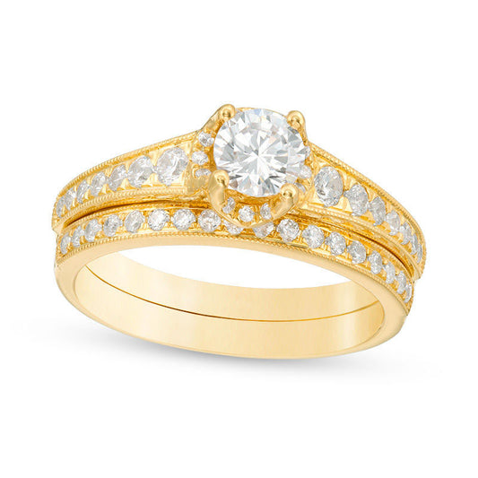 1.0 CT. T.W. Natural Diamond Antique Vintage-Style Bridal Engagement Ring Set in Solid 14K Gold