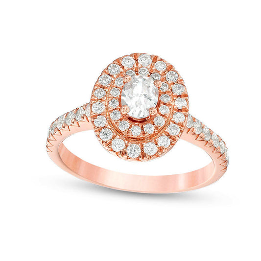 1.0 CT. T.W. Oval and Round Natural Diamond Double Frame Engagement Ring in Solid 14K Rose Gold