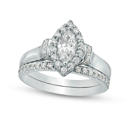 1.0 CT. T.W. Marquise Natural Diamond Frame Collar Bridal Engagement Ring Set in Solid 14K White Gold