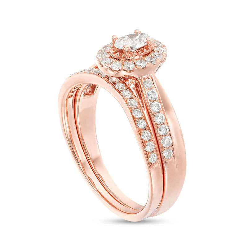 0.75 CT. T.W. Oval Natural Diamond Frame Crossover Bridal Engagement Ring Set in Solid 14K Rose Gold