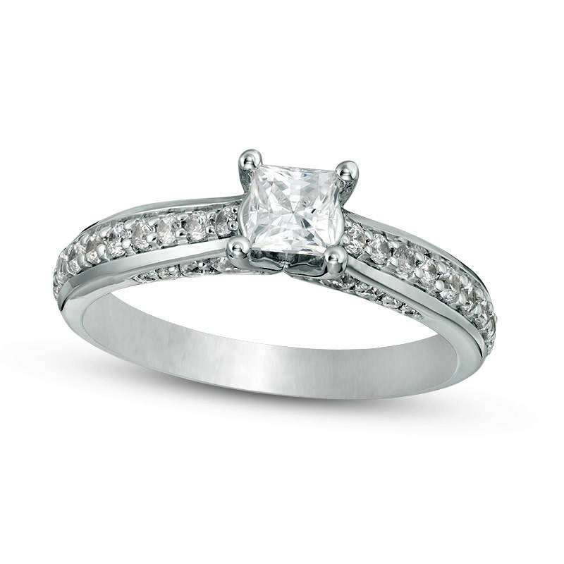 1.0 CT. T.W. Princess-Cut Natural Diamond Pavé Engagement Ring in Solid 14K White Gold