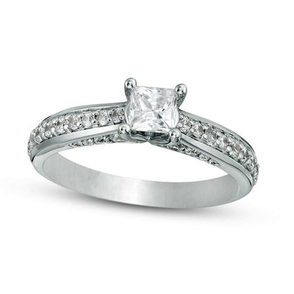 1.0 CT. T.W. Princess-Cut Natural Diamond Pavé Engagement Ring in Solid 14K White Gold