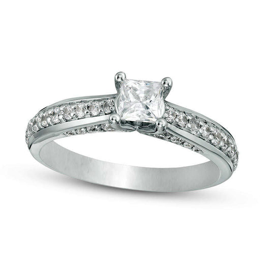 1.0 CT. T.W. Princess-Cut Natural Diamond Pavé Engagement Ring in Solid 14K White Gold
