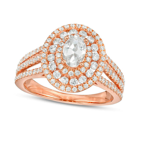 1.33 CT. T.W. Oval Natural Diamond Frame Multi-Row Engagement Ring in Solid 14K Rose Gold