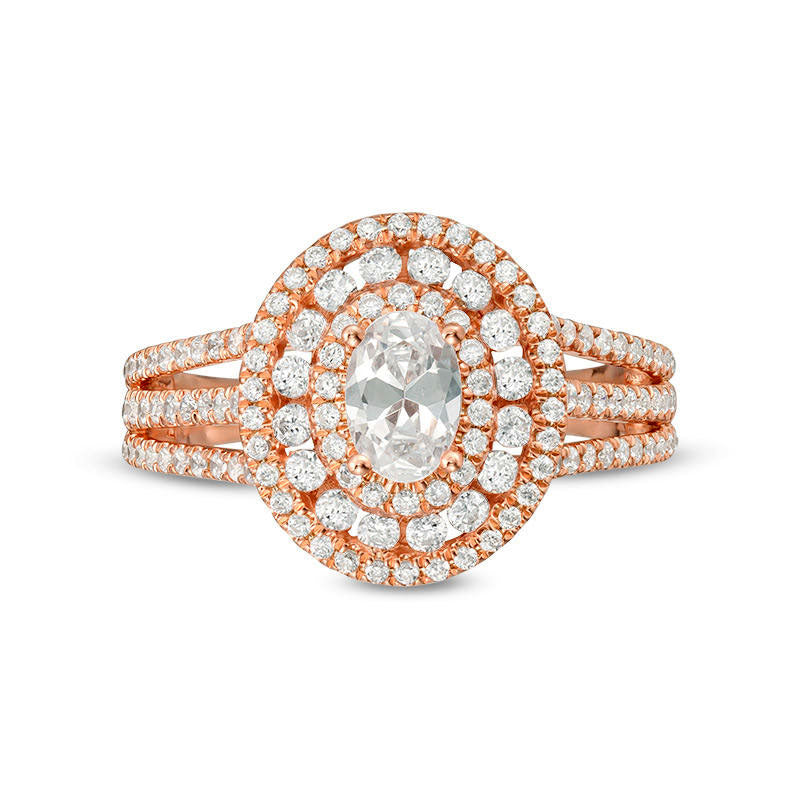 1.33 CT. T.W. Oval Natural Diamond Frame Multi-Row Engagement Ring in Solid 14K Rose Gold