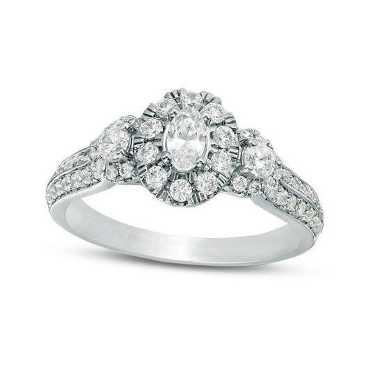 1.0 CT. T.W. Oval Natural Diamond Frame Three Stone Double Row Engagement Ring in Solid 14K White Gold