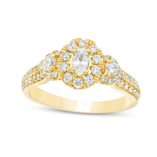 1.0 CT. T.W. Oval Natural Diamond Frame Three Stone Double Row Engagement Ring in Solid 14K Gold
