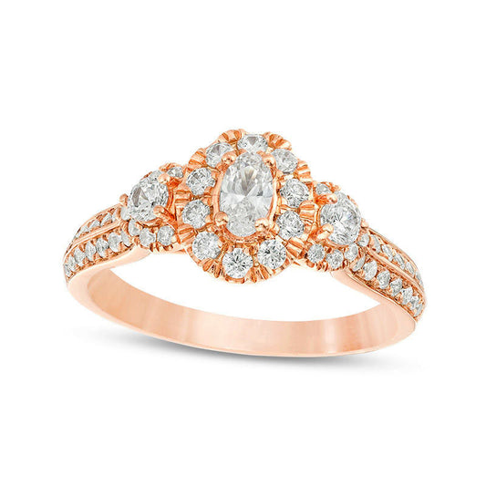 1.0 CT. T.W. Oval Natural Diamond Frame Three Stone Double Row Engagement Ring in Solid 14K Rose Gold