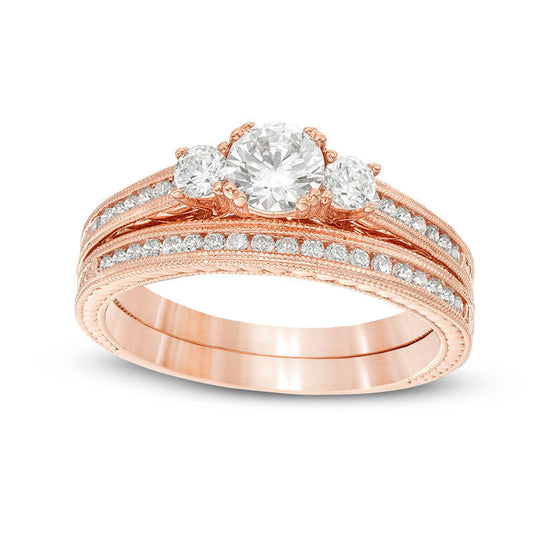 1.0 CT. T.W. Natural Diamond Three Stone Antique Vintage-Style Bridal Engagement Ring Set in Solid 14K Rose Gold