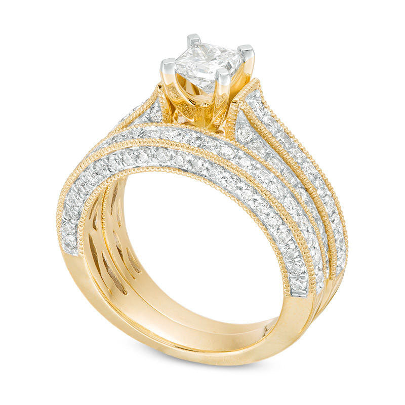 1.5 CT. T.W. Princess-Cut Natural Diamond Antique Vintage-Style Bridal Engagement Ring Set in Solid 10K Yellow Gold